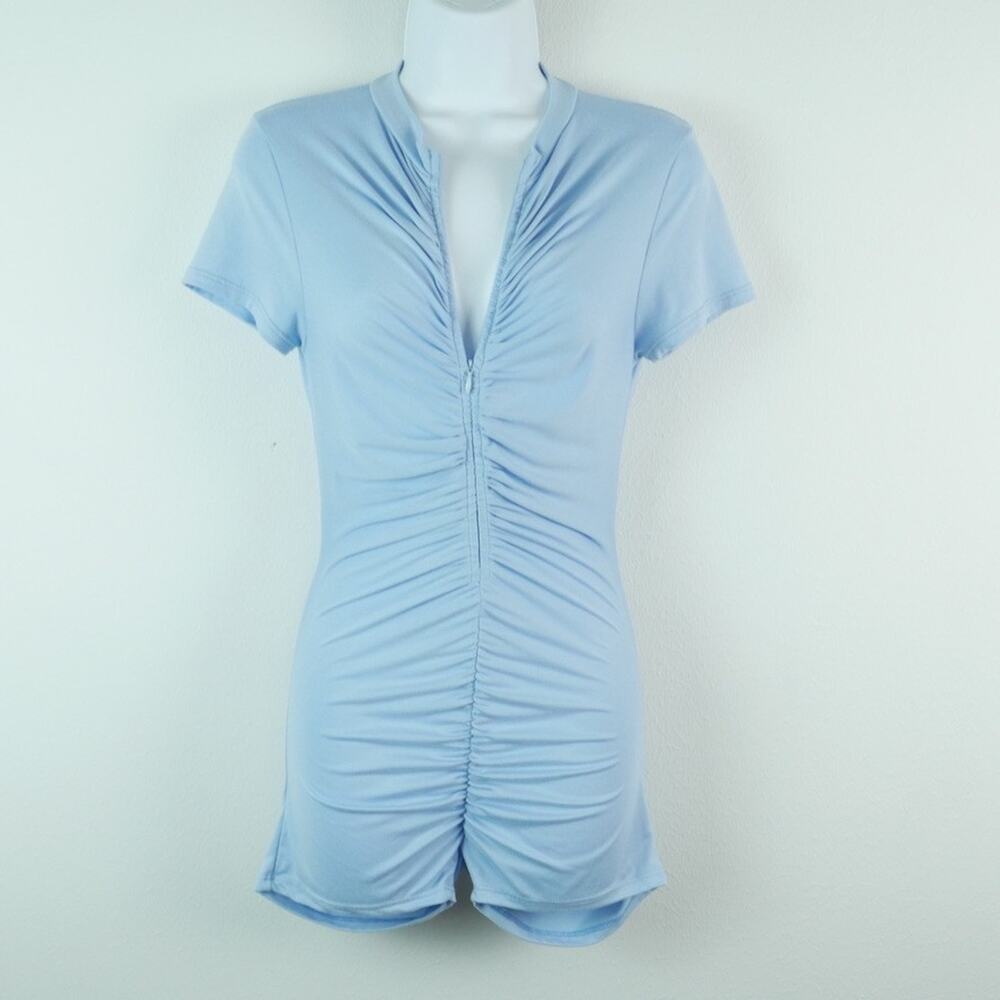 Vintage Y2K Jumpsuit Baby Blue Ruched Festival Rave Club Medium Bodycon Stretch